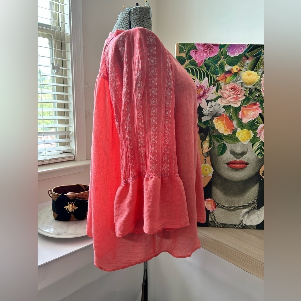 ZAC & RACHEL BOHO PEASANT TOP, CROCHET INLAY, CORAL Sz. 3X. LIGHT, AIRY, DRAPE - Picture 4 of 10